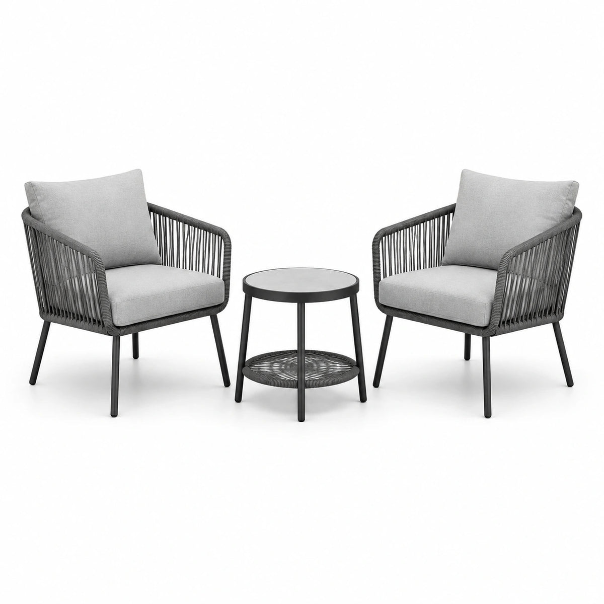 Salotto da giardino grigio e nero con 2 poltrone 70 × 75 × 82 cm e tavolino Ø 50 × 50 cm